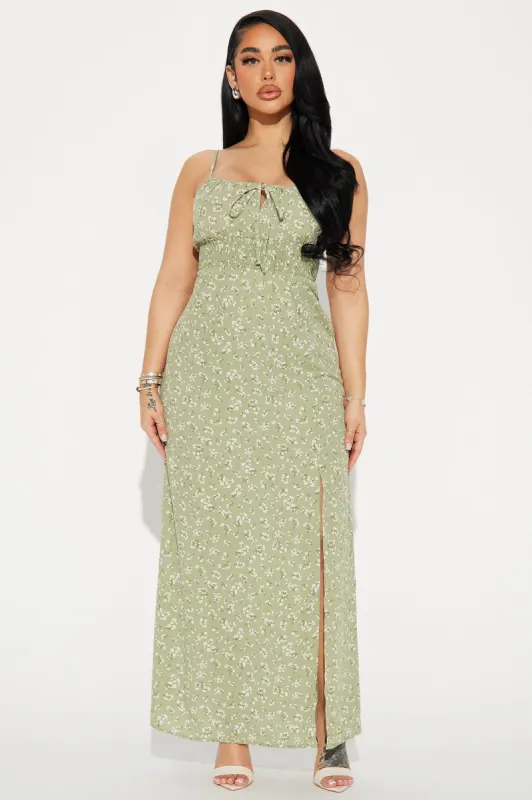 High Slit Floral Maxi Dress - Green sold by Fashion Nova