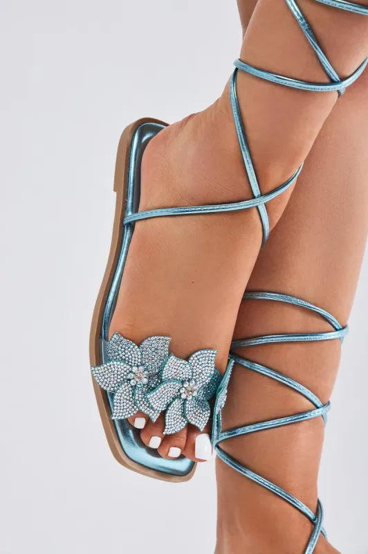 This Is Me Embellished Wrap Up Flat Sandals - Blue sold by Fashion Nova