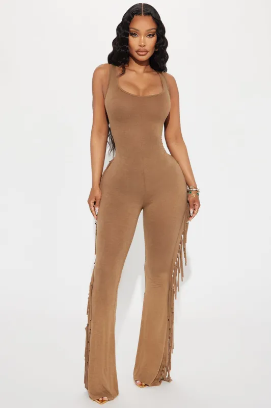 Fringe Feel Jumpsuit - Brown sold by Fashion Nova