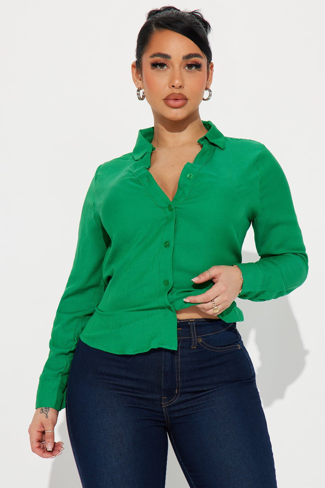 Justine Linen Shirt - Kelly Green sold by Fashion Nova