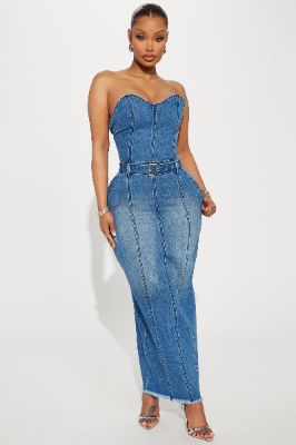 Delaney Denim Maxi Dress - Dark Wash sold by Fashion Nova