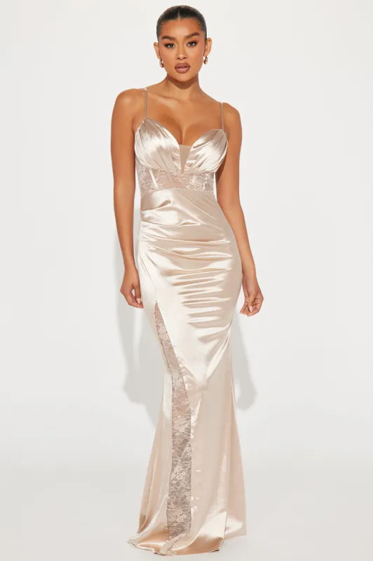 Lucinda Lace Satin Gown - Champagne sold by Fashion Nova