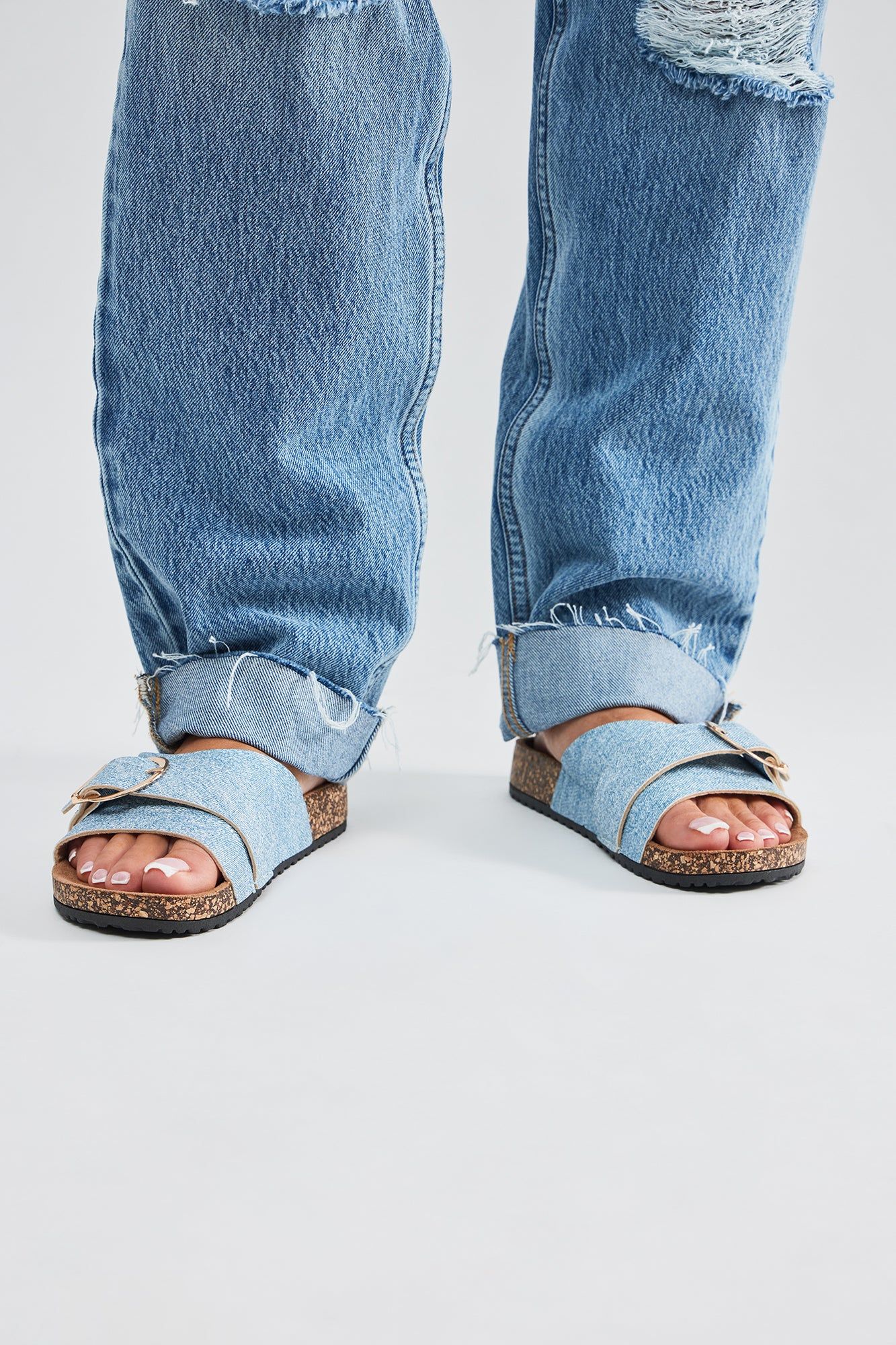 True Statement Flat Sandals - Denim sold by Fashion Nova