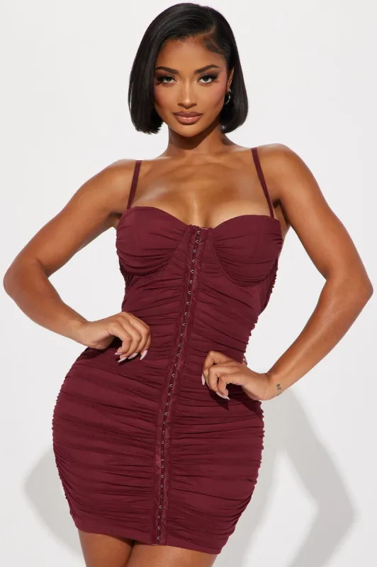 Charlotte Ruched Mini Dress - Burgundy sold by Fashion Nova