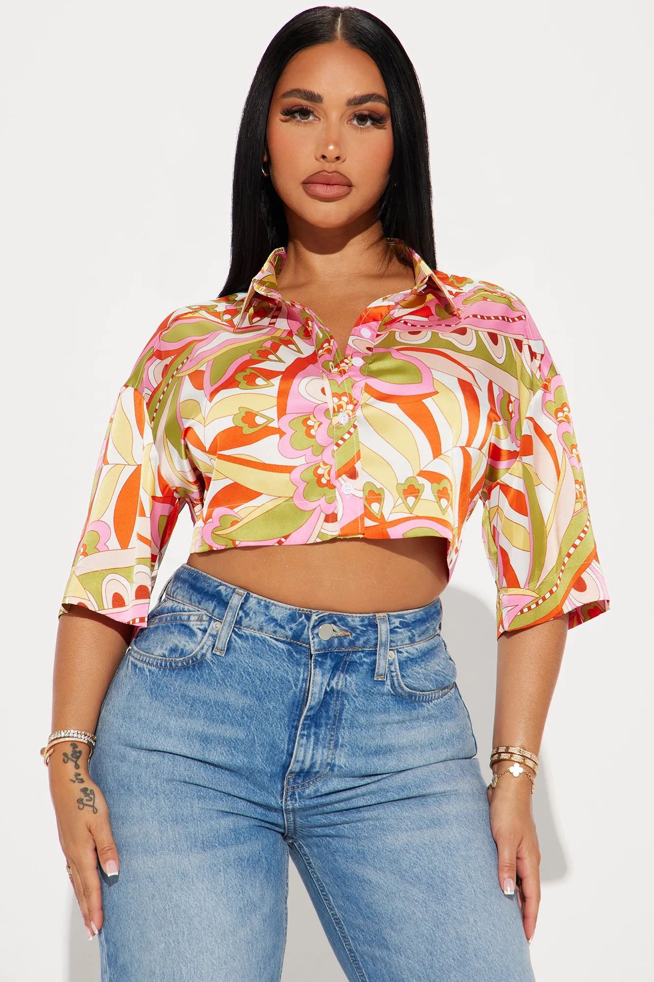 Summer Heat Satin Shirt - Ivory/combo sold by Fashion Nova