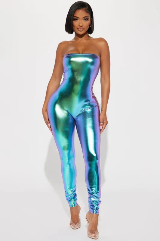 Hana Holographic Jumpsuit - Turquoise sold by Fashion Nova