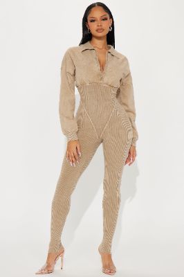 In Transit Ribbed Jumpsuit - Taupe sold by Fashion Nova