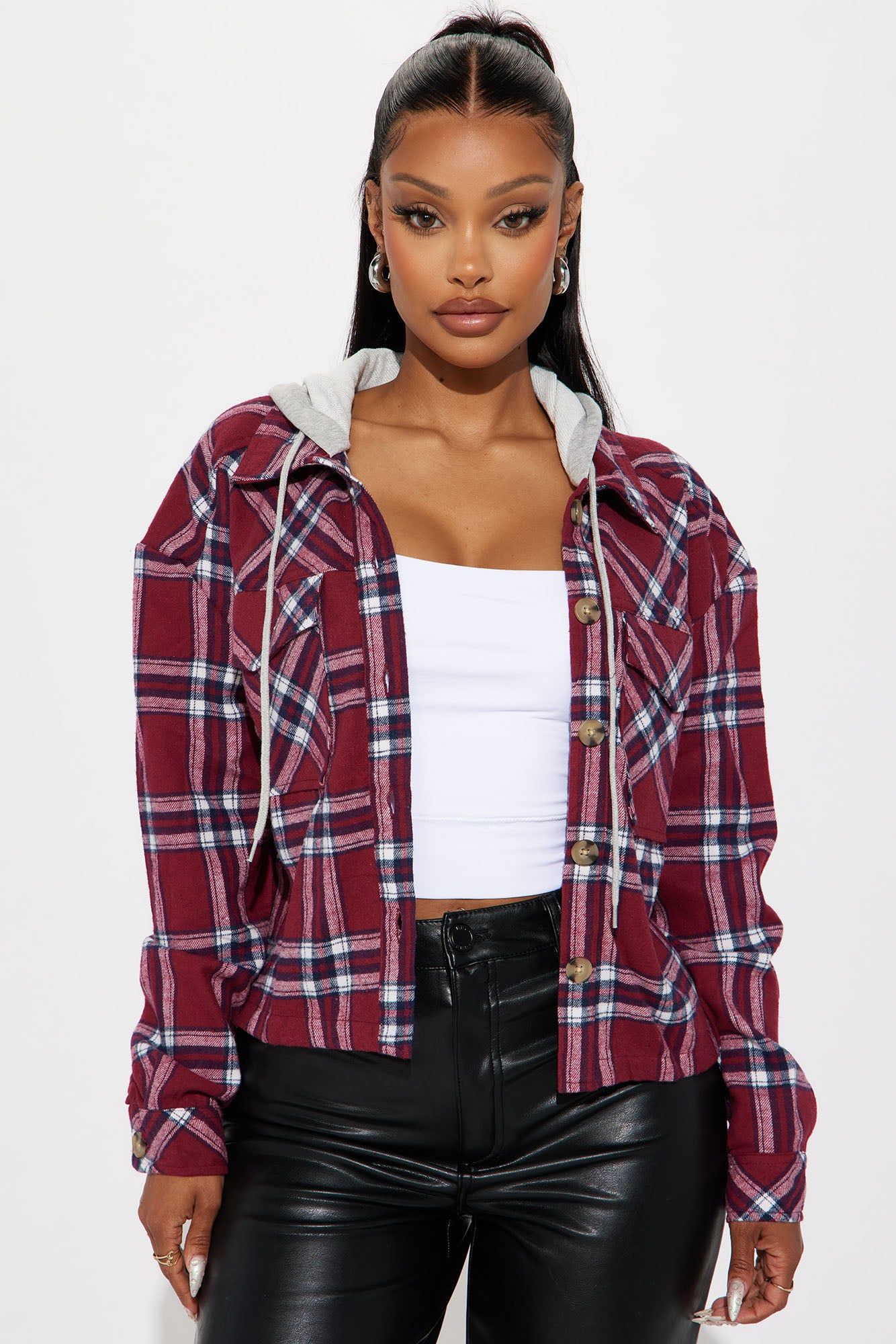 Prime Plaid Hooded Shirt - Red/combo sold by Fashion Nova