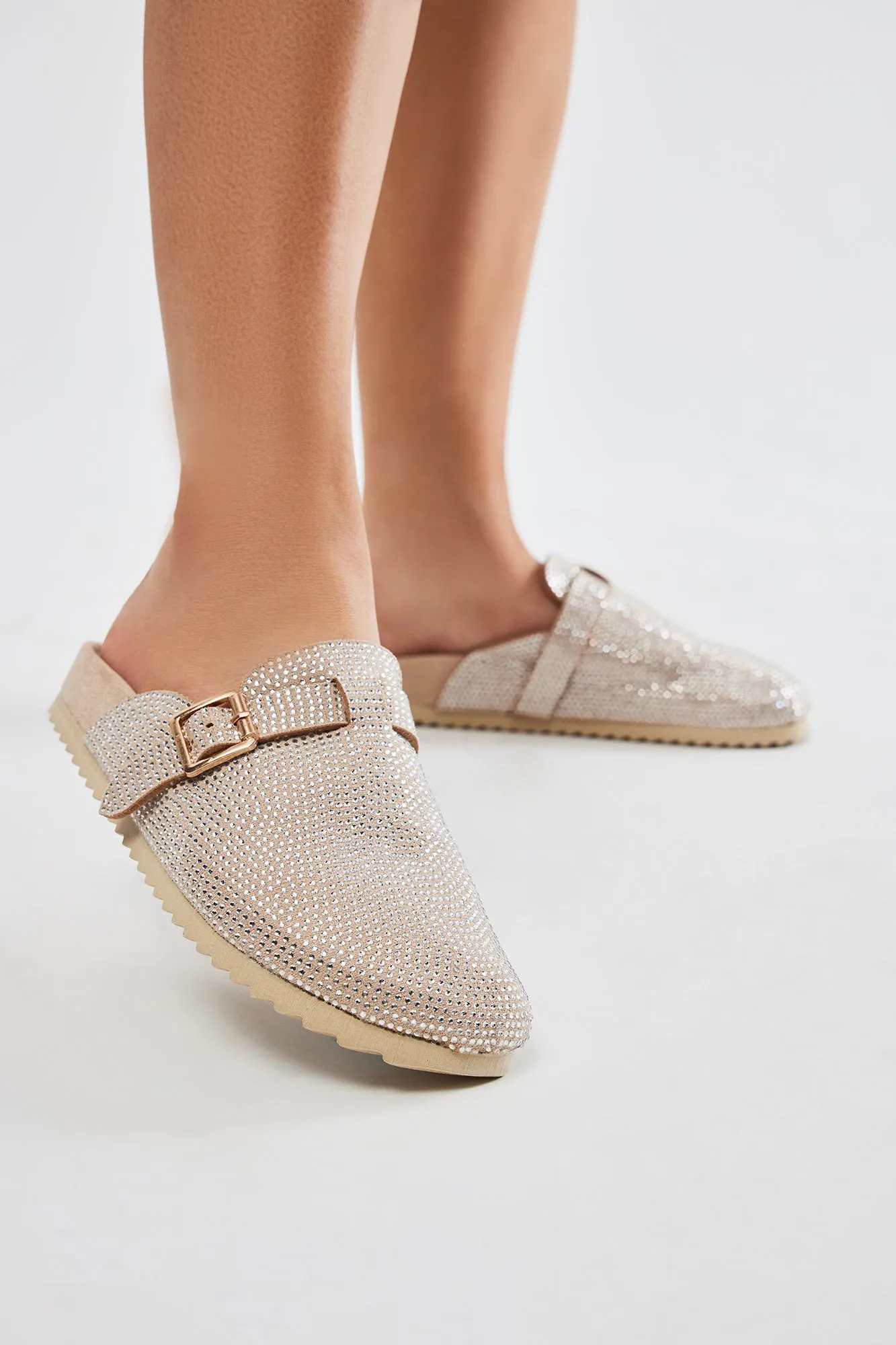Demy Embellished Slides - Beige sold by Fashion Nova