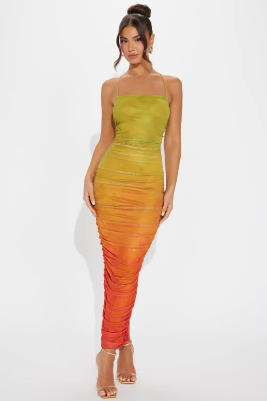 Hazy Days Mesh Maxi Dress - Orange/combo sold by Fashion Nova