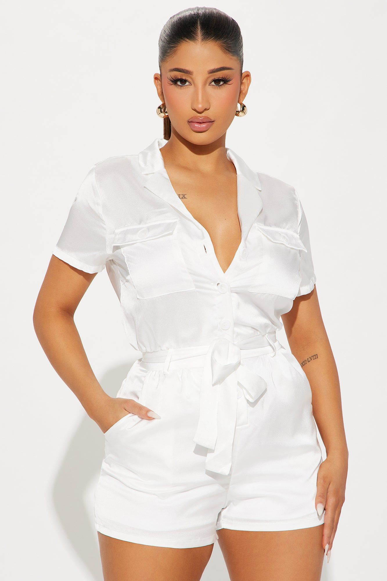 Get With It Satin Romper - Off White sold by Fashion Nova