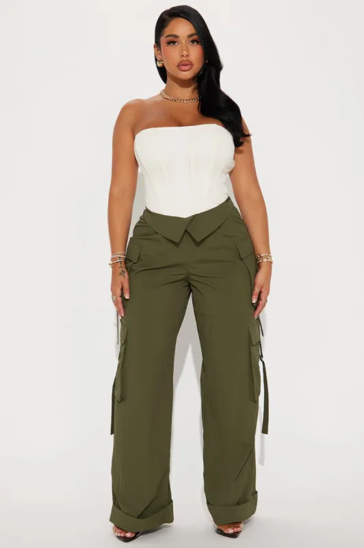A Little Too Late Cargo Jumpsuit - Olive sold by Fashion Nova