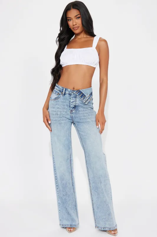 Carri Foldover Waistband Stretch Straight Leg Jeans - Light Wash sold by Fashion Nova