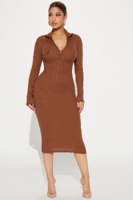 Quynn Quarter Zip Ribbed Midi Dress - Brown sold by Fashion Nova