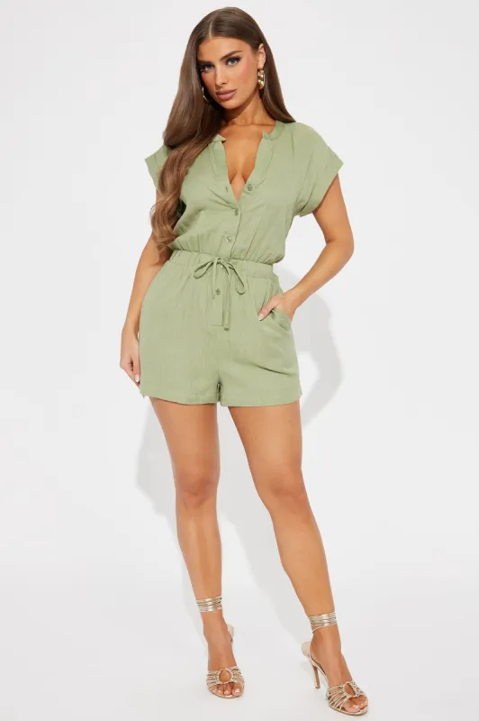 Meeting My Love Linen Romper - Olive sold by Fashion Nova