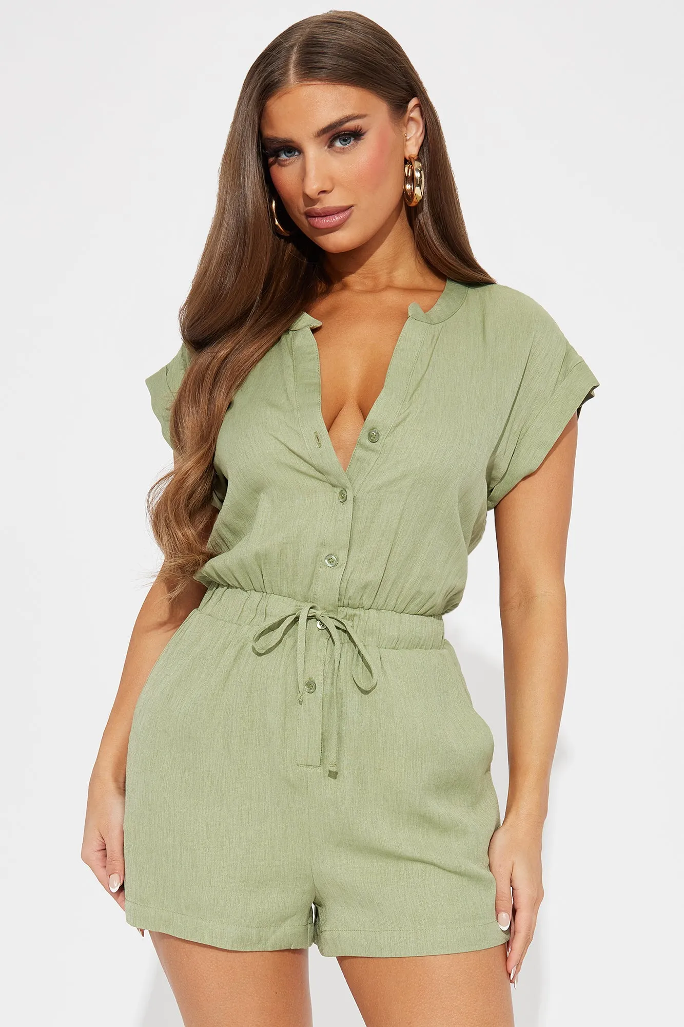 Meeting My Love Linen Romper - Olive sold by Fashion Nova product image thumbnail 2