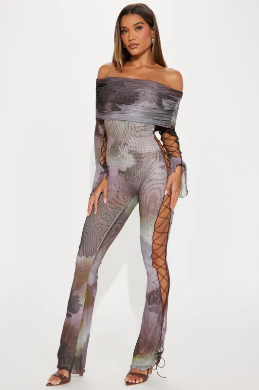 Latest Update Mesh Jumpsuit  - Brown/combo sold by Fashion Nova