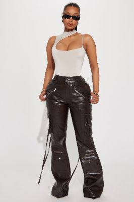 Don't You Worry Faux Leather Flare Pant - Chocolate sold by Fashion Nova