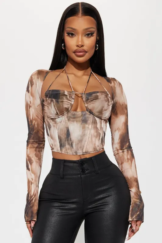 Maura Mesh Corset Top - Brown/combo sold by Fashion Nova