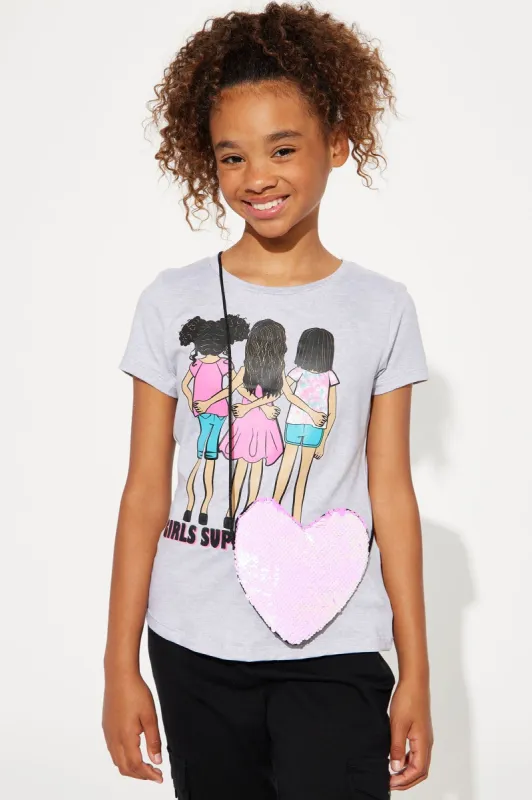 Mini Love My Friends Tie Front Tee With Handbag - Heather Grey made by Fashion Nova