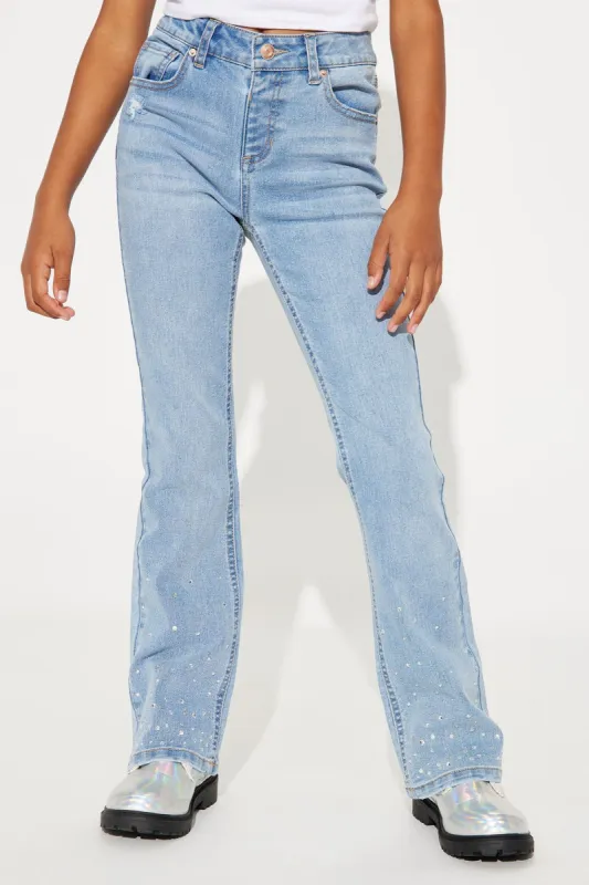Mini Rhinestone Denim Flare Jeans - Blue Wash sold by Fashion Nova