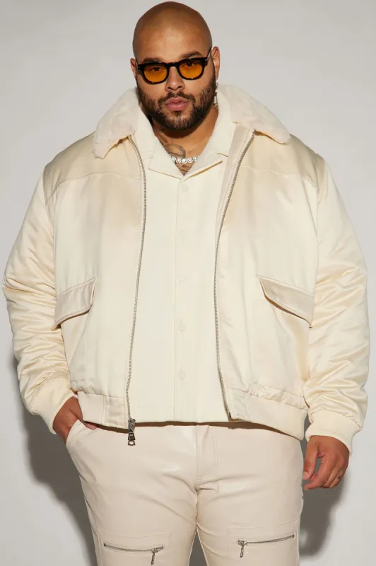 Faux Fur Collar Aviator Bomber Jacket - Cream sold by Fashion Nova