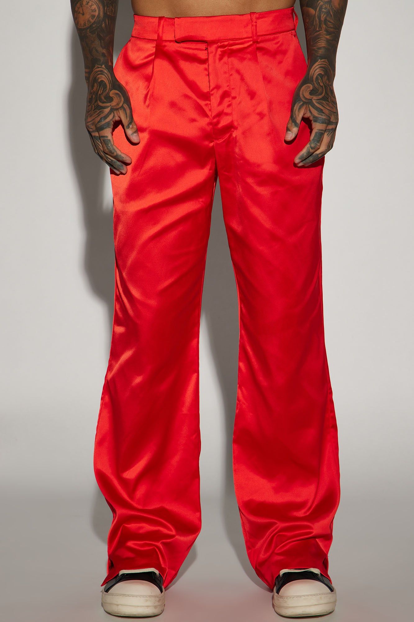 Florence Satin Relaxed Flare Trousers - Red sold by Fashion Nova