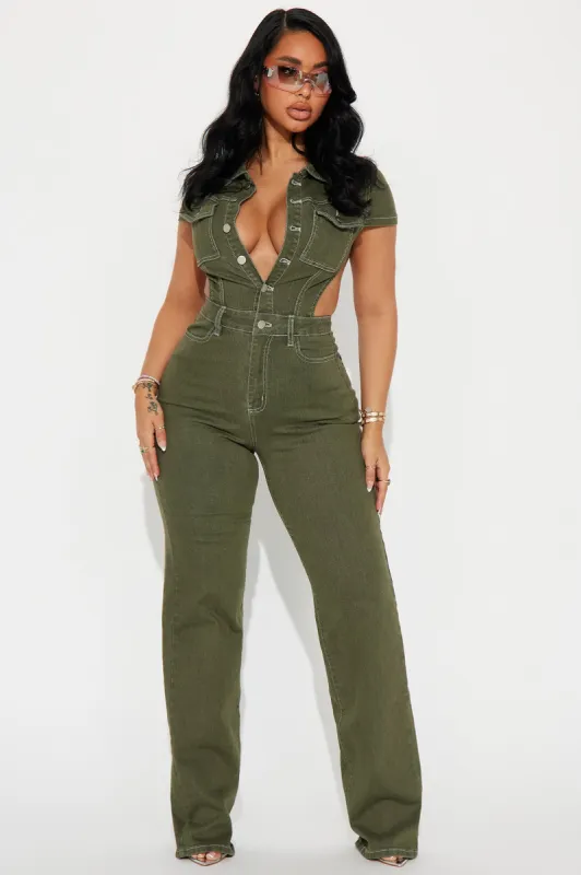 Kamaria Denim Jumpsuit - Olive sold by Fashion Nova