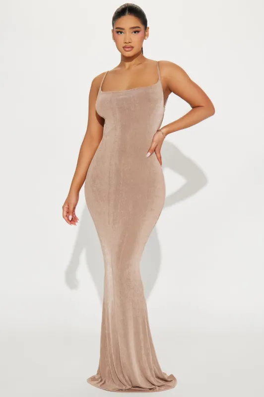 Hailey Slinky Maxi Dress - Taupe sold by Fashion Nova