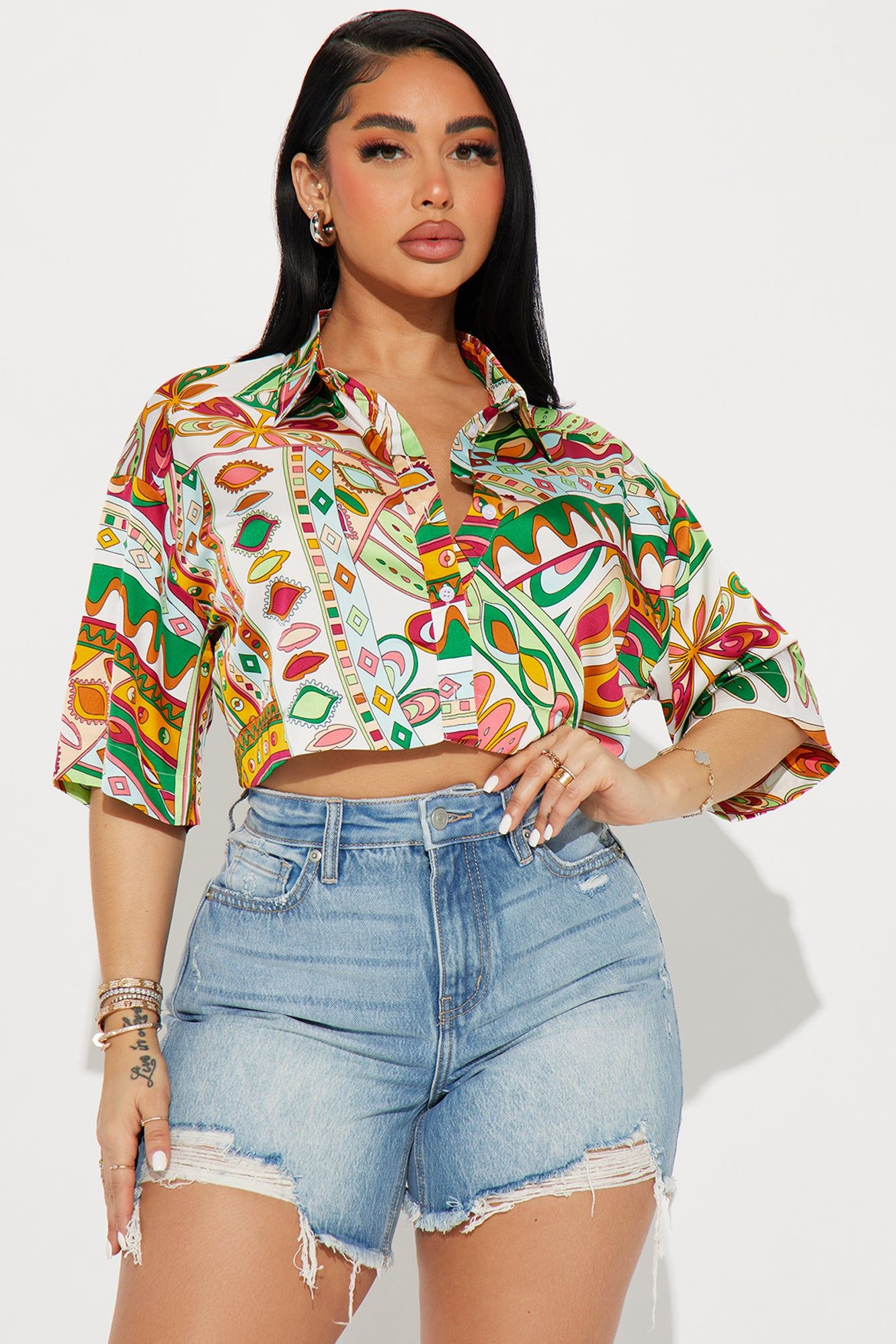 Bringing The Heat Satin Shirt - Green/combo sold by Fashion Nova