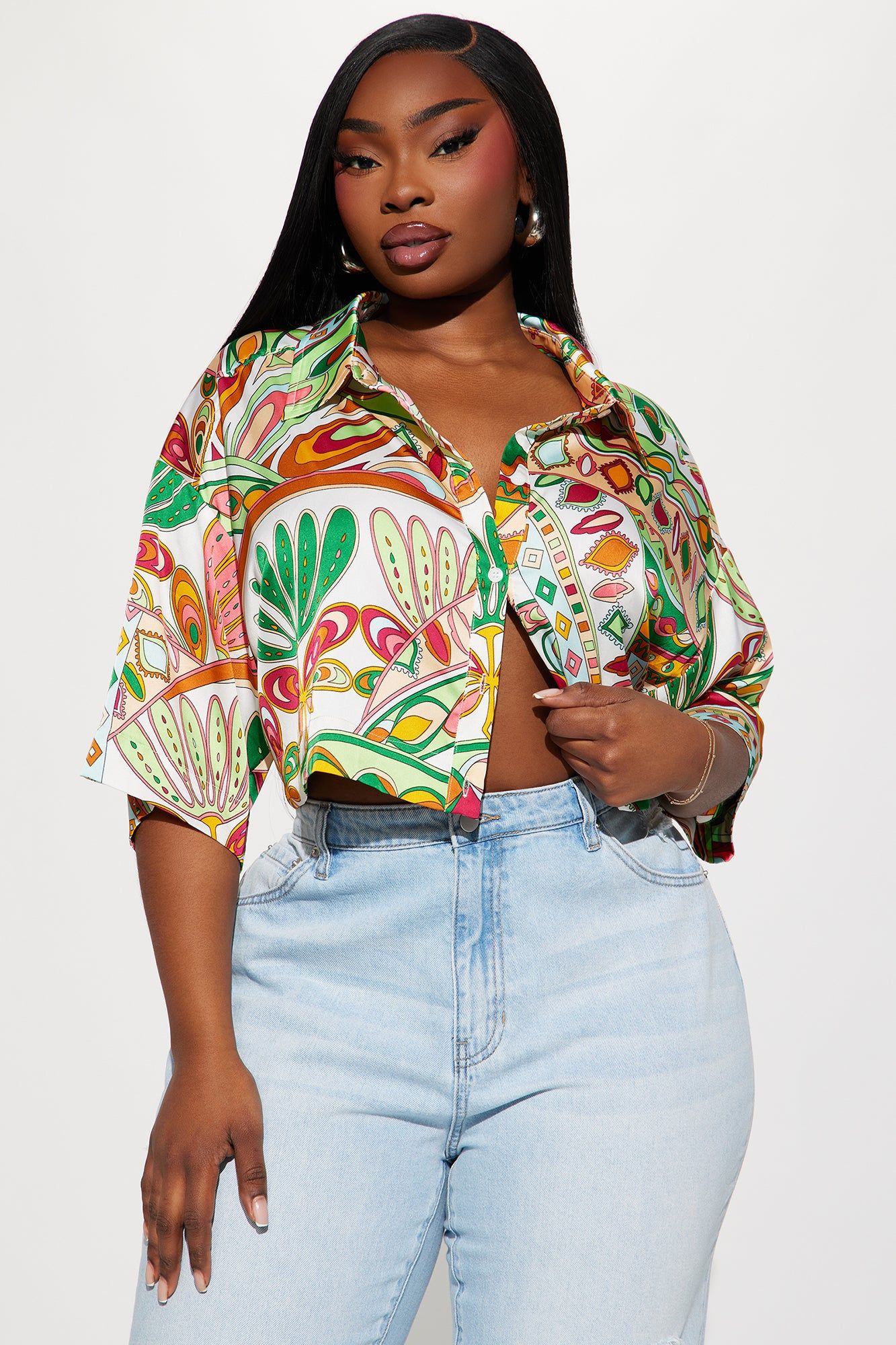 Bringing The Heat Satin Shirt - Green/combo sold by Fashion Nova product image thumbnail 4