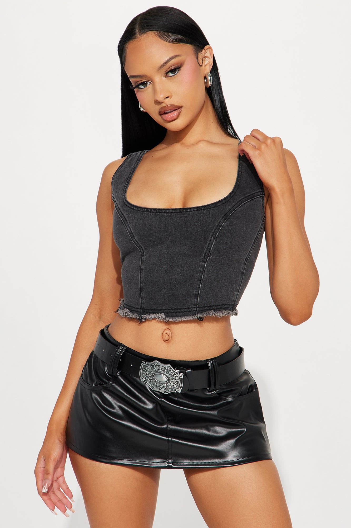 Trina Washed Denim Corset Top - Black Wash sold by Fashion Nova