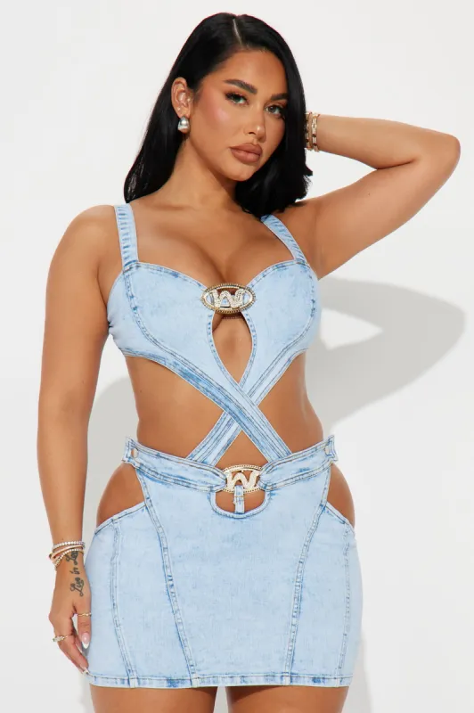 Rebel In Blue Denim Micro Mini Dress - Light Wash sold by Fashion Nova