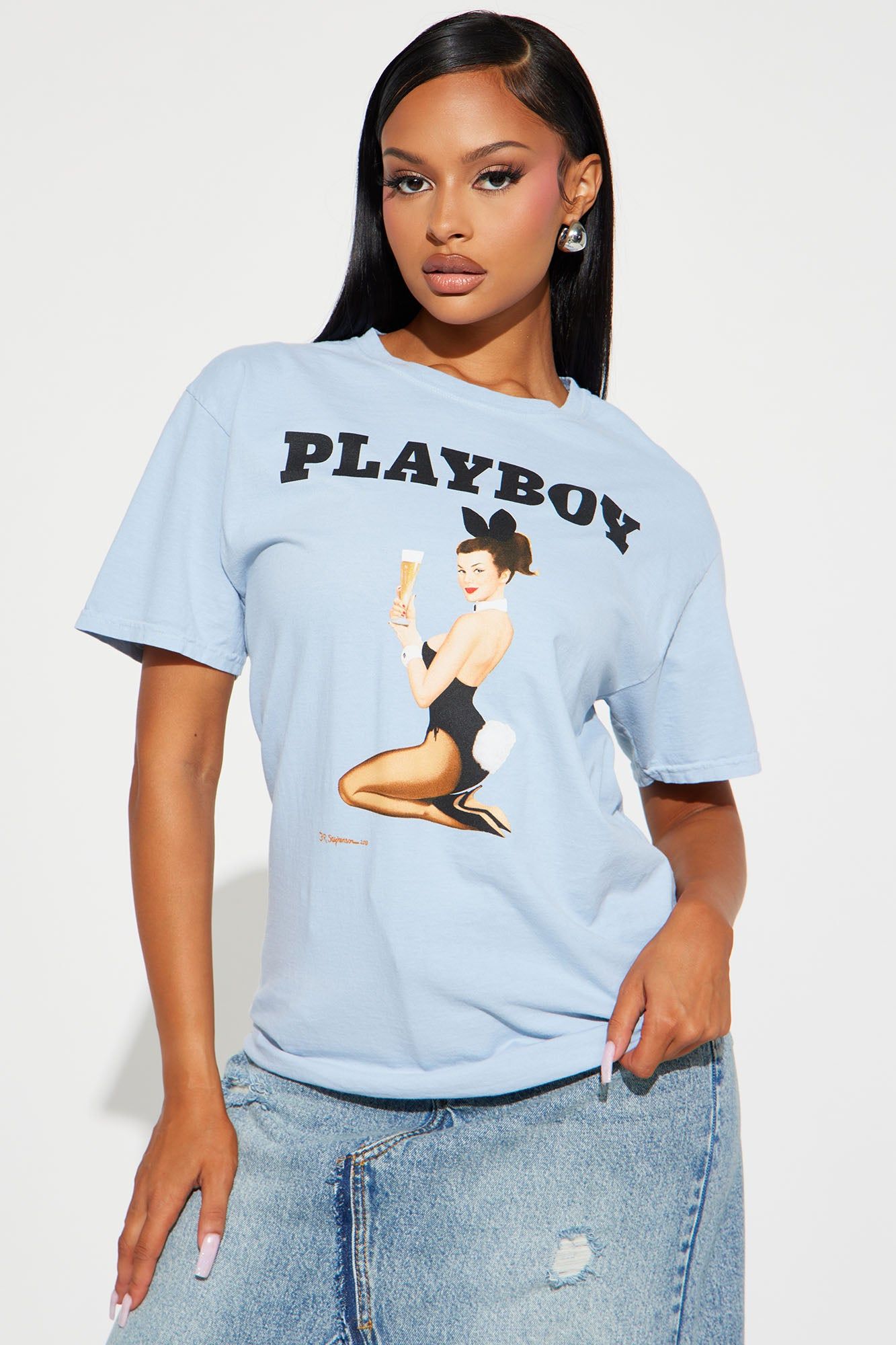 Playboy Bunny Washed Tshirt - Blue sold by Fashion Nova