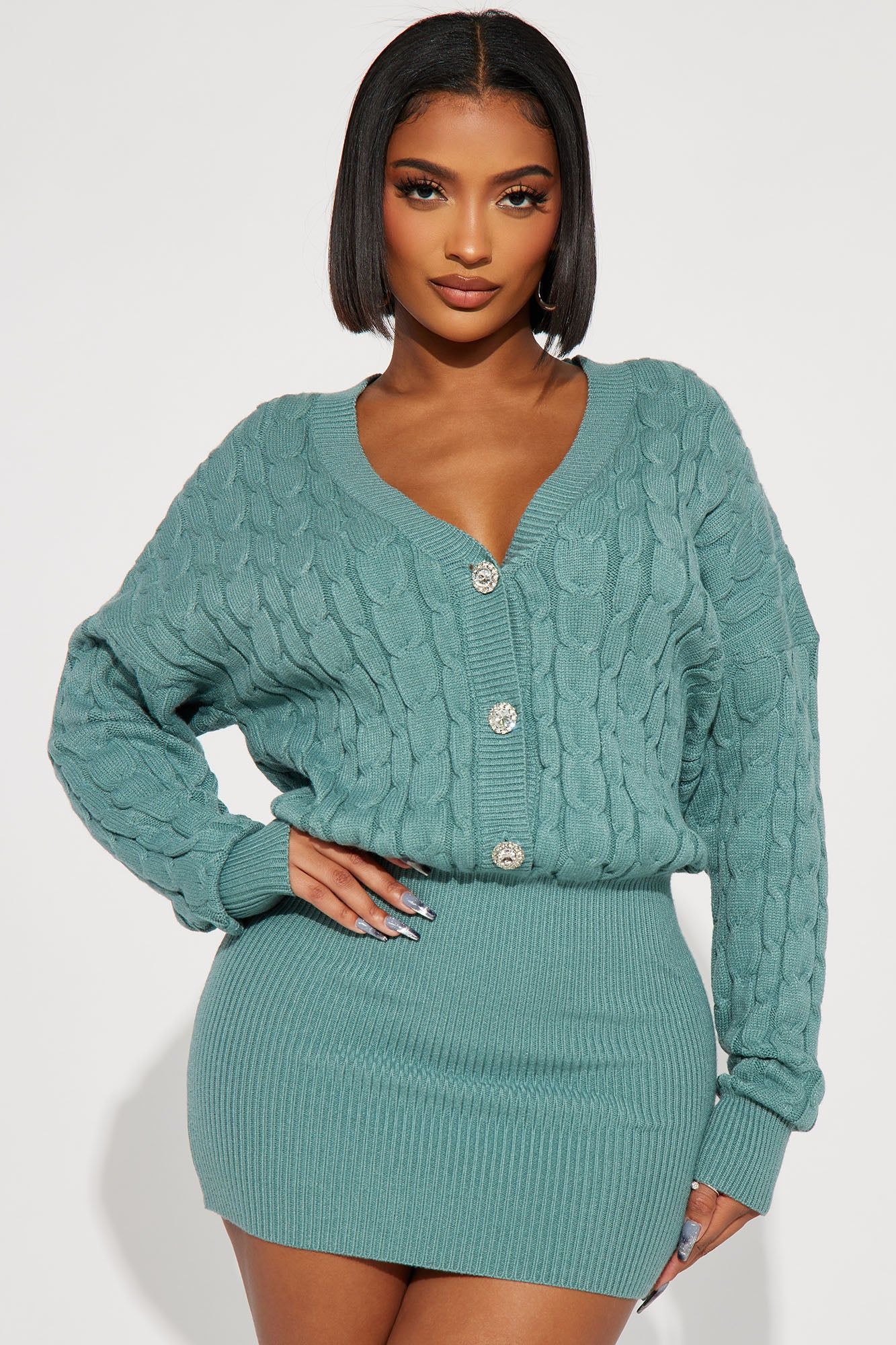 Abbey Sweater Mini Dress - Teal sold by Fashion Nova