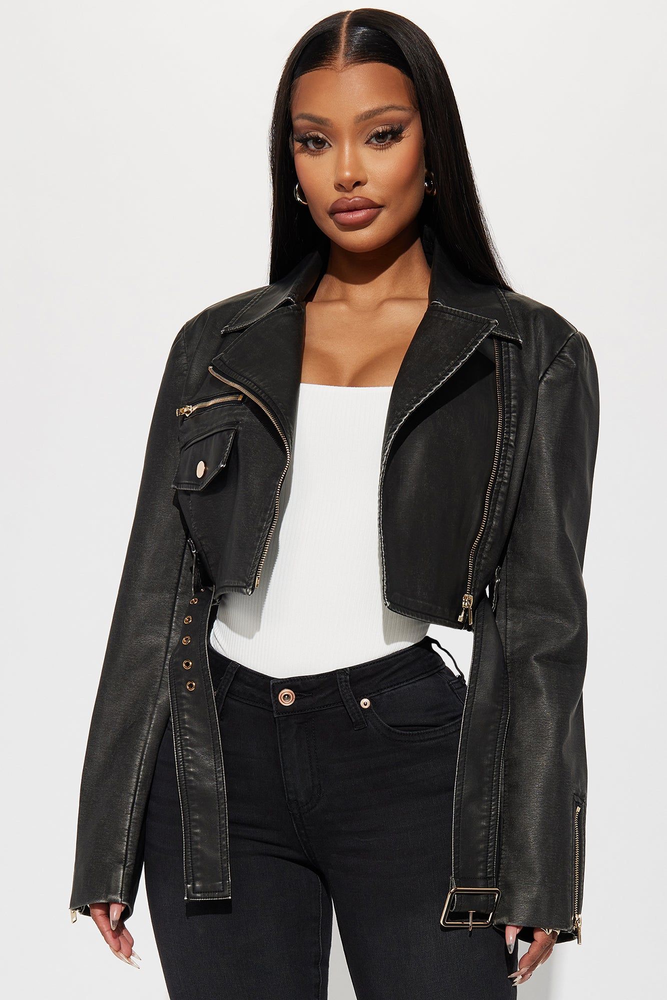 Mila Washed Faux Leather Crop Moto Jacket - Black sold by Fashion Nova