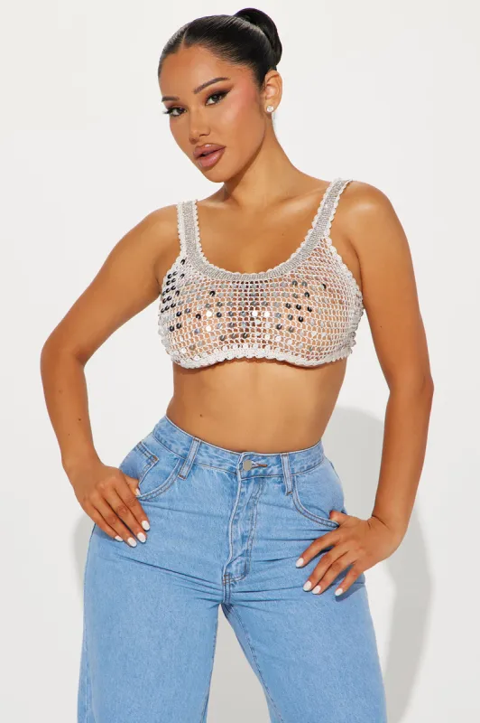 My Time To Shine Crochet Top - White/Silver made by Fashion Nova