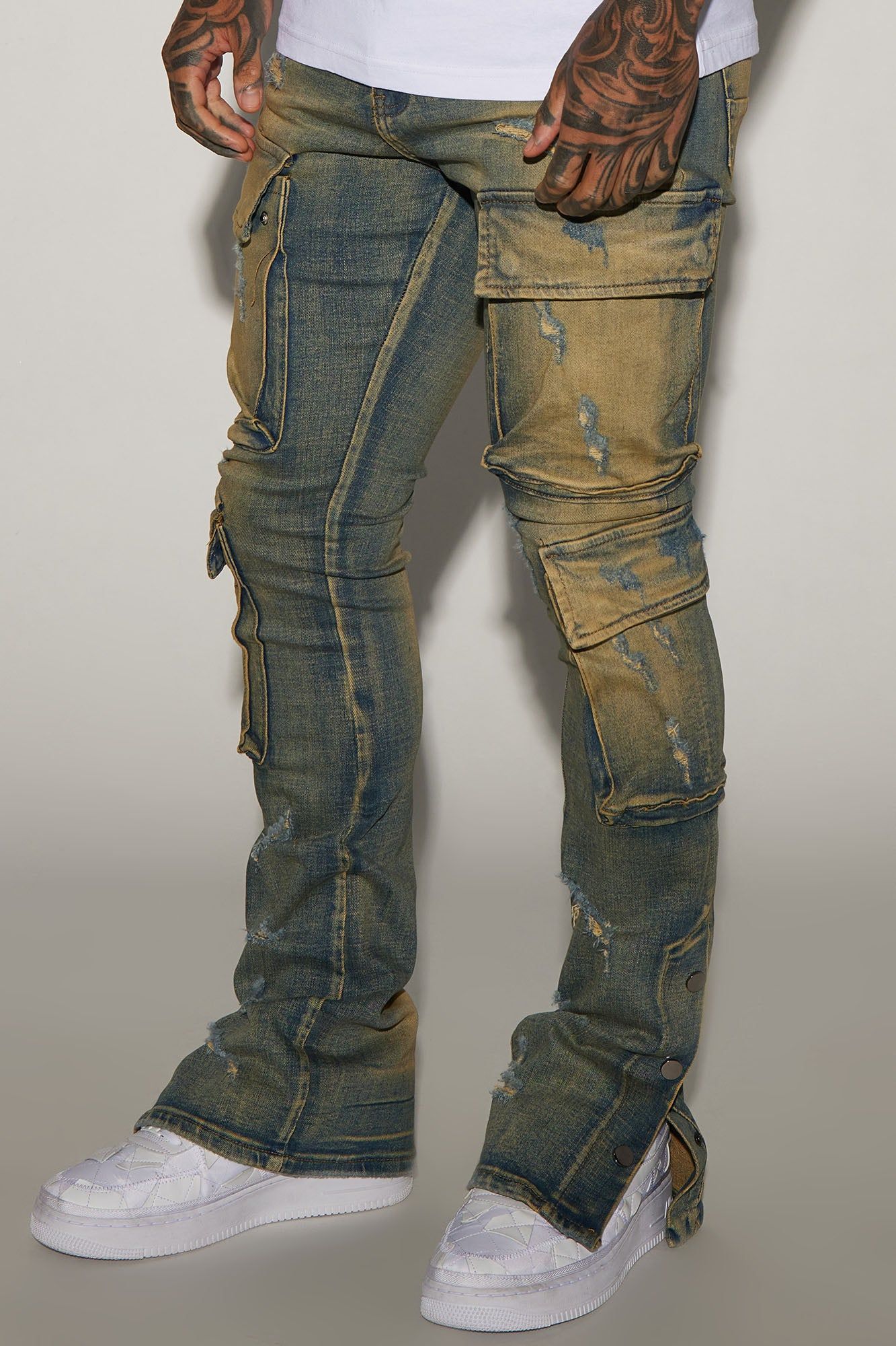 On The Set Stacked Skinny Snap Flare Jeans - Vintage Wash sold by Fashion Nova