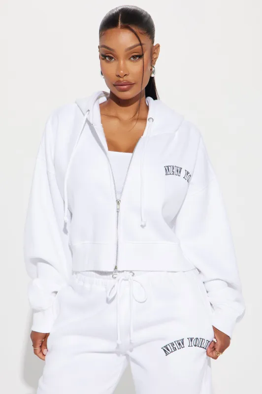 New York Embroidered Zip Front Hoodie - White sold by Fashion Nova