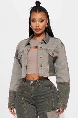 In Reverse Cropped Stretch Denim Jacket - Grey/combo sold by Fashion Nova