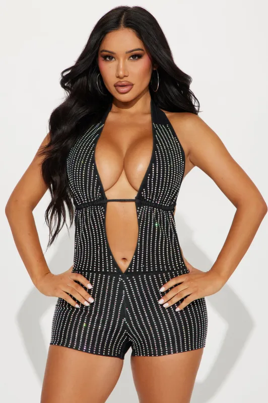 Sweet Fatale Embellished Denim Romper - Black sold by Fashion Nova