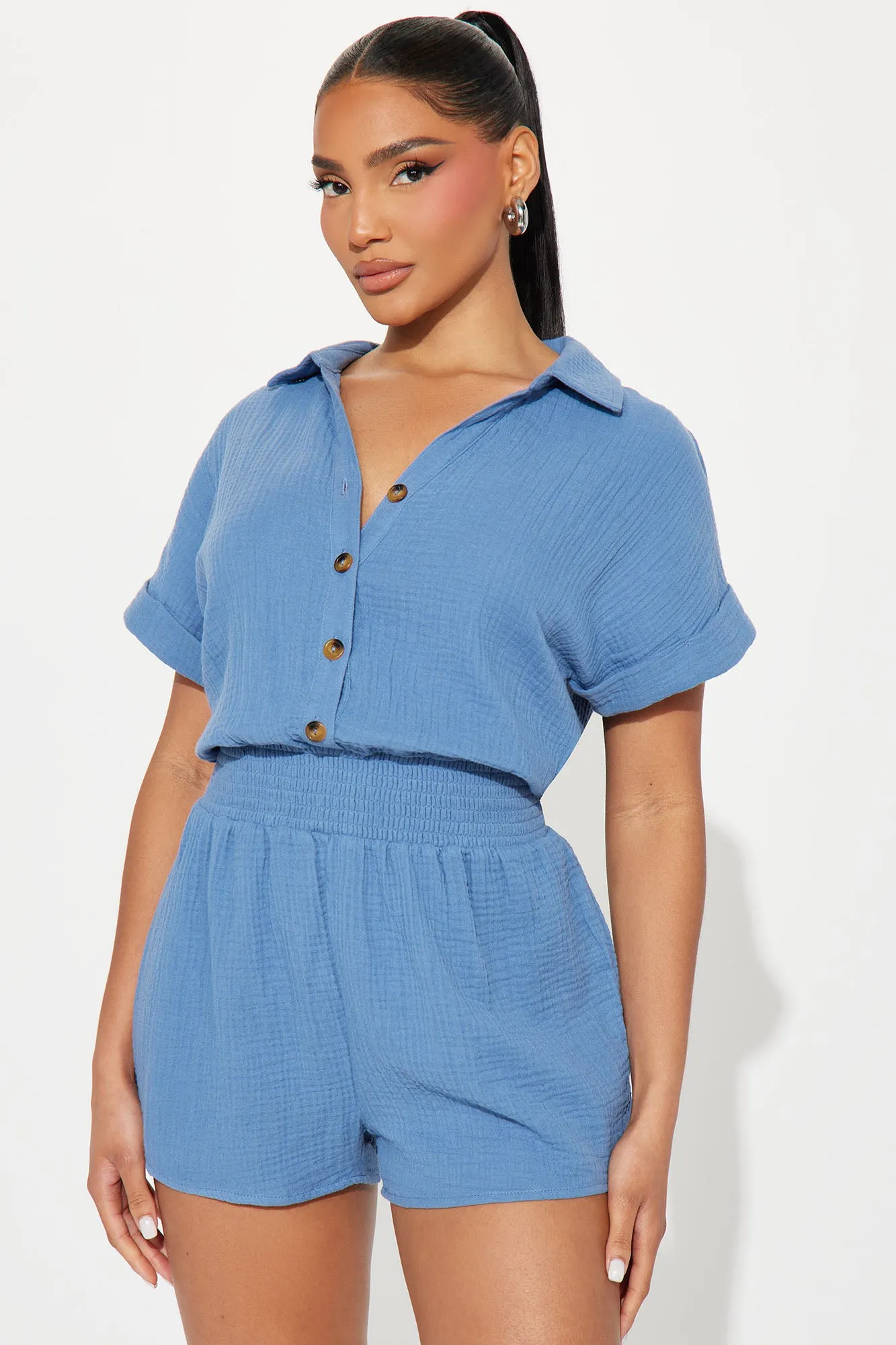 Danielle Collared Romper - Slate Blue sold by Fashion Nova