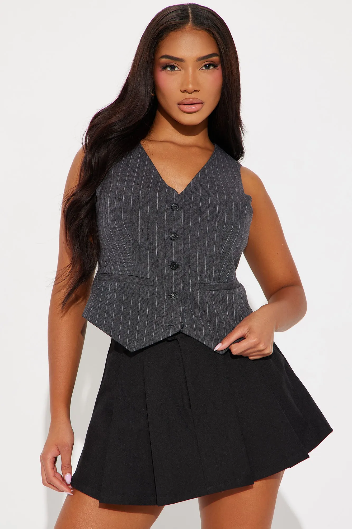 Back To Business Pinstripe Vest Top - Charcoal/combo sold by Fashion Nova