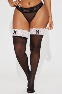 Tie My Bow Mesh Thigh Highs - Black/Pink sold by Fashion Nova