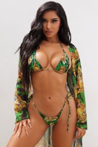 Xyla Leopard 3 Piece Bikini Set - Green/combo sold by Fashion Nova