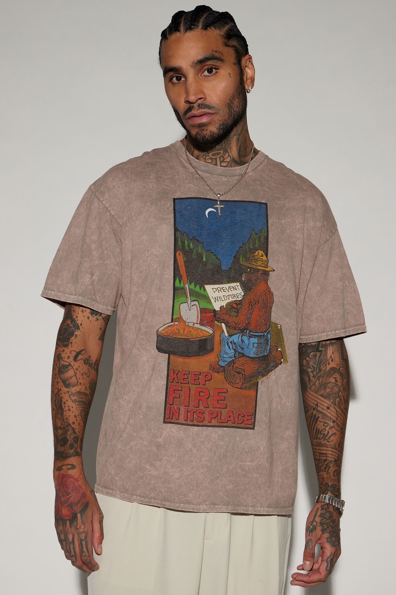 Smokey The Bear Keep Fire In Its Place Short Sleeve Tee - Sand sold by Fashion Nova