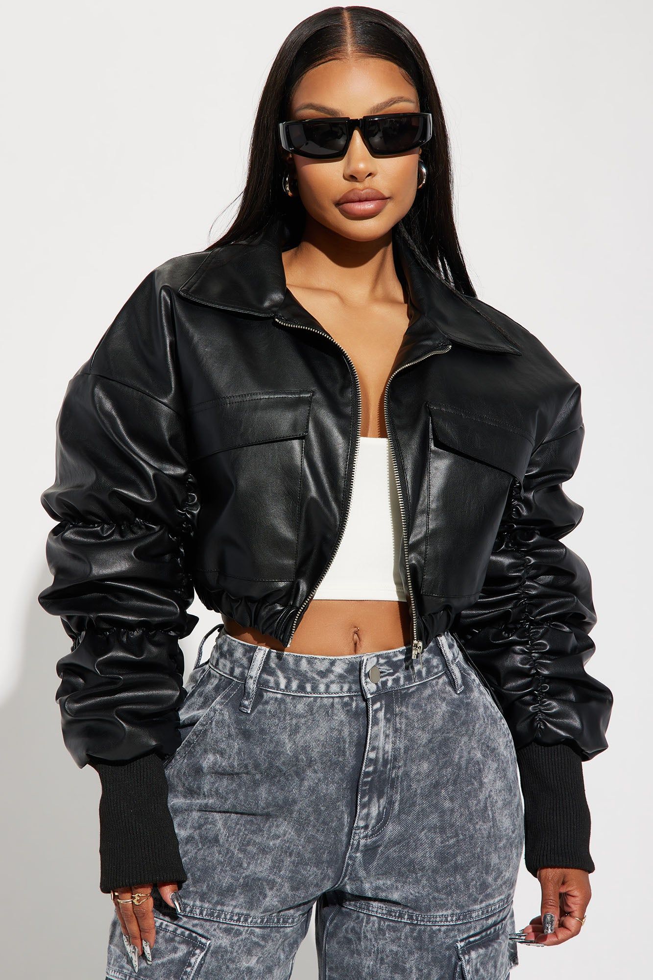 It's Time Faux Leather Bomber Jacket - Black sold by Fashion Nova