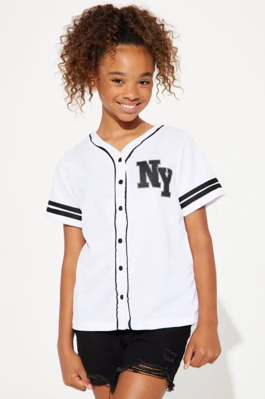 Mini NY Mesh Knit Baseball Jersey Top - White made by Fashion Nova