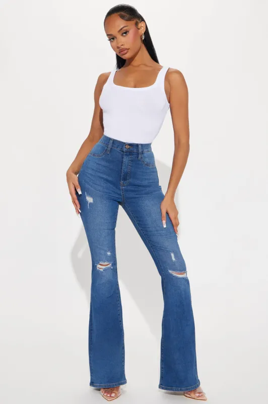 The Right Stuff Stretch Ripped Flare Jeans - Dark Wash sold by Fashion Nova