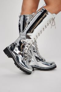 Feeling A Way Knee High Combat Boots - Silver sold by Fashion Nova